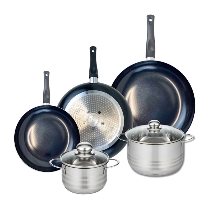 Ensemble de 3 Poêles de cuisson 24, 28 et 32 cm et 2 faitouts 16 et 20 cm Elo Prima Brillant