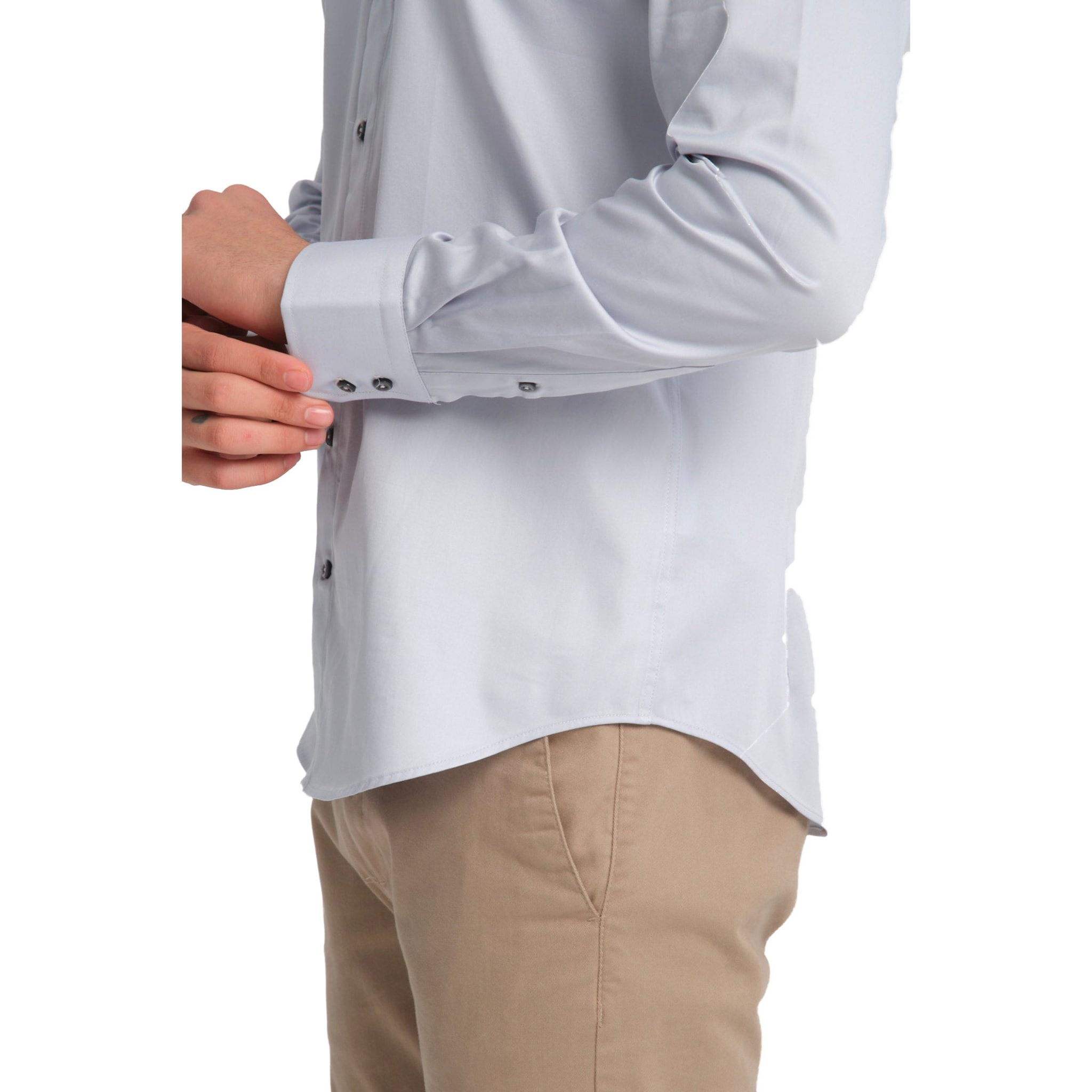 Camicia Uomo 2 Bottoni Button Down 7bottoni Doppio Coll Satin Unito Grigio