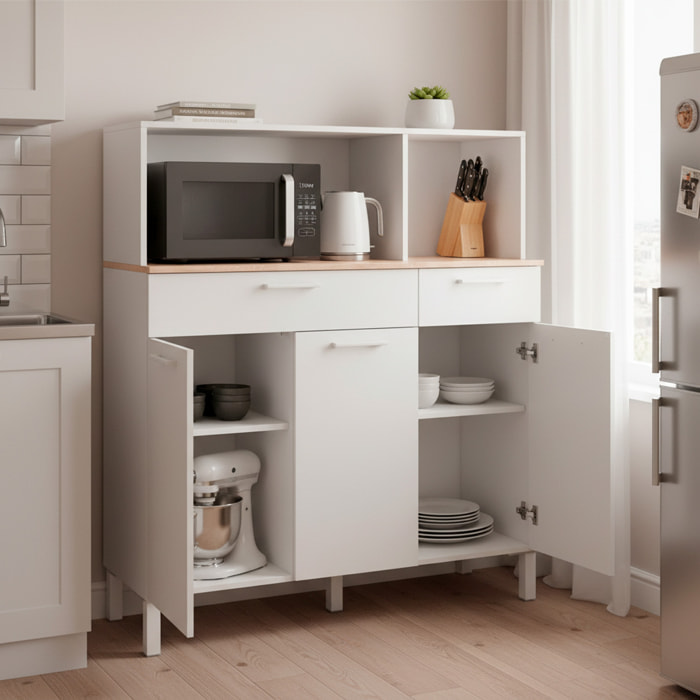 Mobile Da Cucina Credenza Con 3 Ante 1 Cassetto Madia Moderna Mobile Contenitore Con Vani A Giorno Mobiletto Dispensa 108x40x126 Cm Bianco E Rovere