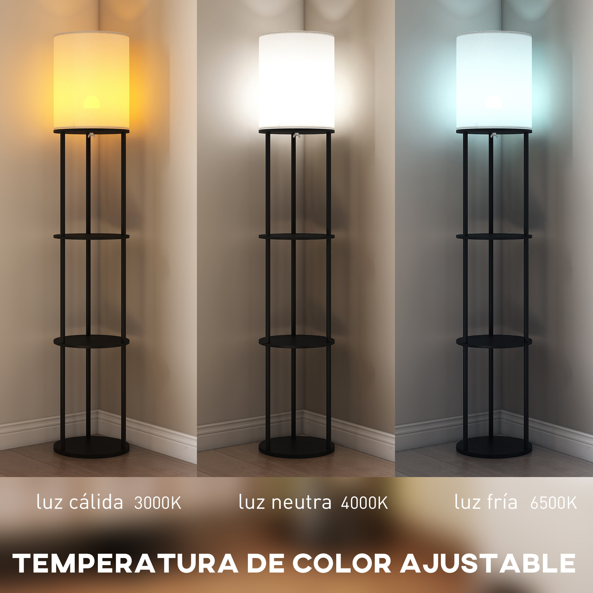 Lámpara de Pie con Estantes, Lámpara con 3 Temperaturas de Color, Control Remoto, para Salón, Dormitorio, Oficina, Negro