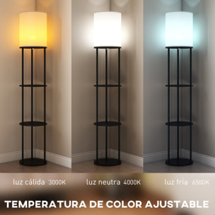 Lámpara de Pie con Estantes, Lámpara con 3 Temperaturas de Color, Control Remoto, para Salón, Dormitorio, Oficina, Negro