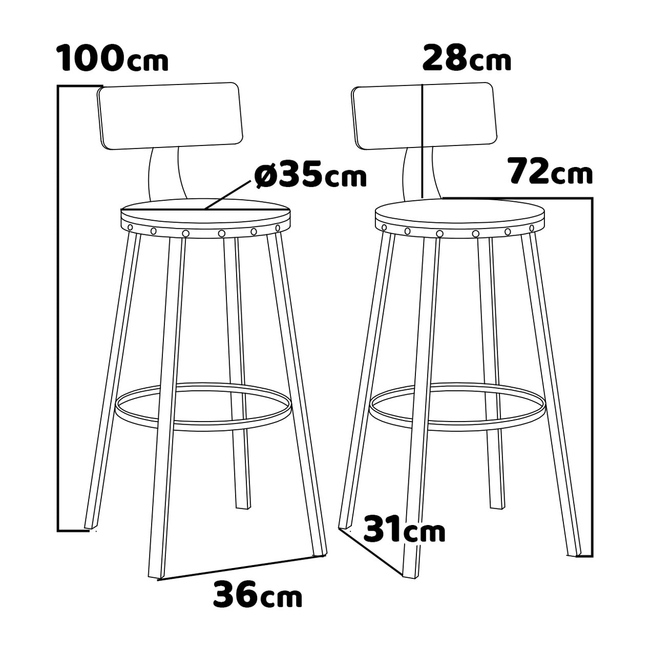 Shelby - Set di 2 sgabelli alti, sgabelli da bar con schienale in stile industriale, legno marrone