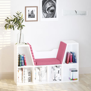 Librería con Asiento, Estantería de Libros con 6 Cubos, Estantería Almacenamiento con Banco con Cojín, Multiusos para Sala de Estar, Oficina, Dormitorio, 102x30x61cm, Blanco y Rosa