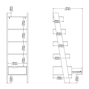 Libreria con un cassetto e quattro ripiani, colore bianco e rovere, cm 55 x 180 x 48.