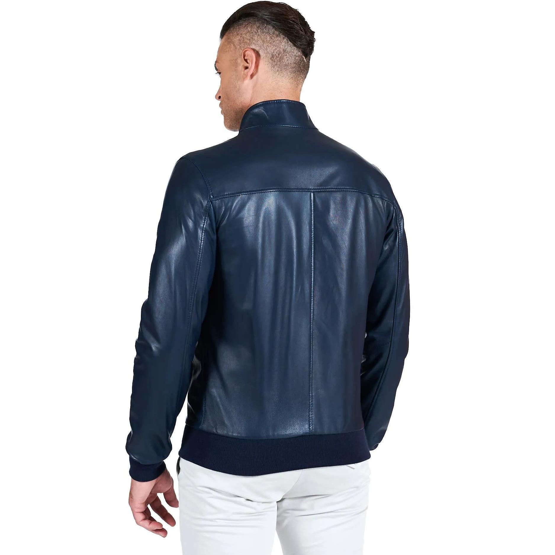 Giubbotto Bomber in pelle nappa blu colletto con bottoni