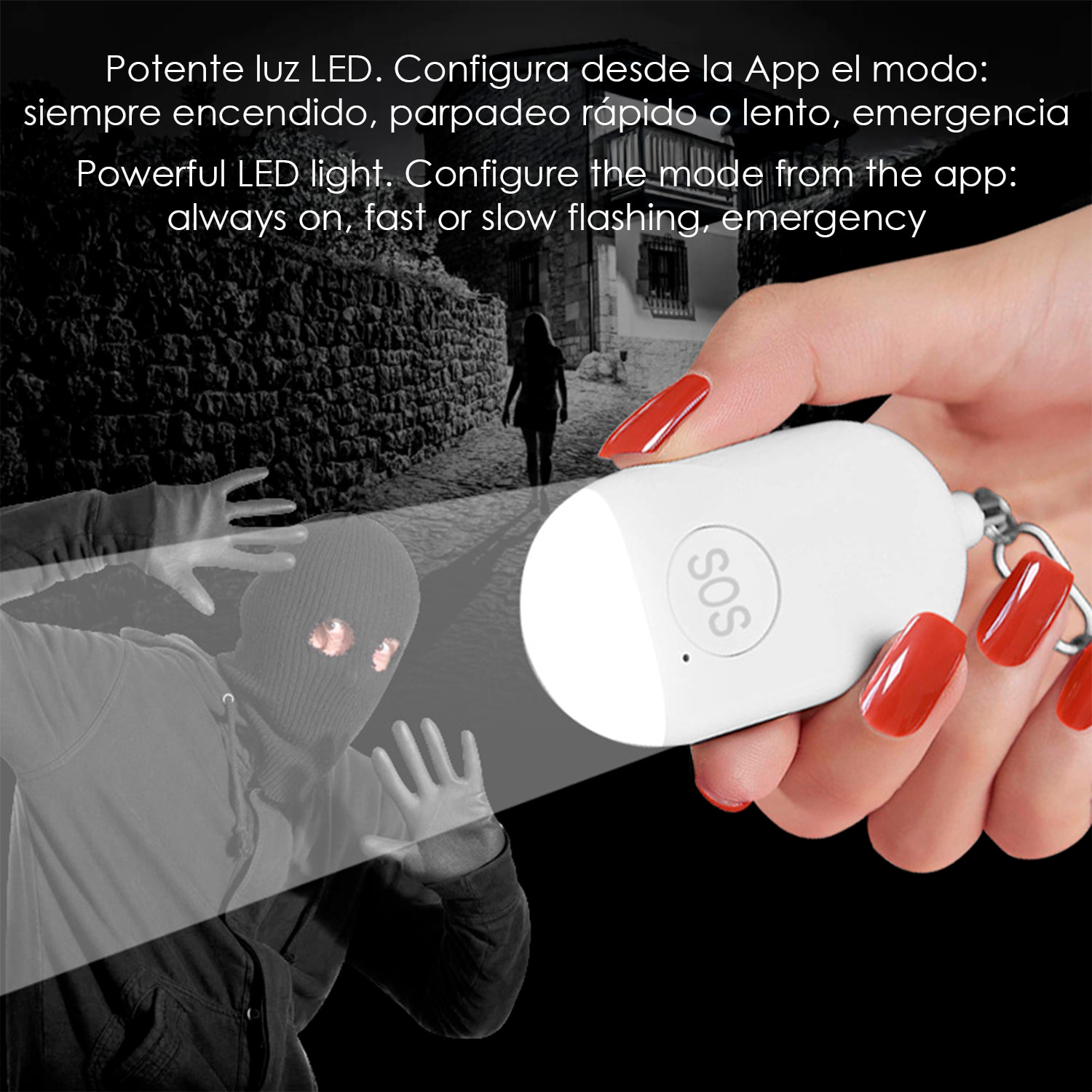 Alarma SOS personal con bluetooth, luz LED brillante de 12lm y sonido de 130dB. Doble activación rápida y notificaciones.