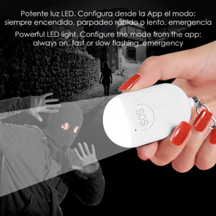 Alarma SOS personal con bluetooth, luz LED brillante de 12lm y sonido de 130dB. Doble activación rápida y notificaciones.