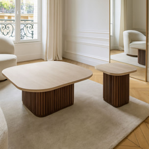 Table d'appoint carré effet travertin et pied effet noyer 40cm
