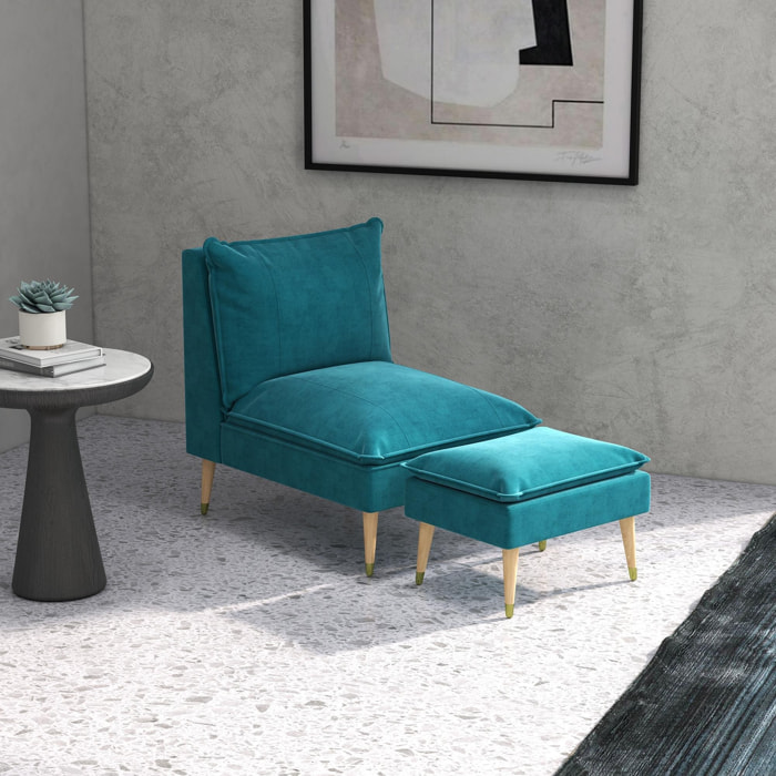 Fauteuil design scandinave grand confort - repose-pied inclus - piètement effilé incliné bois hévéa velours turquoise