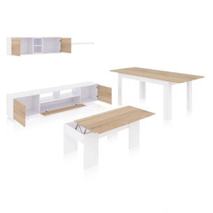 Pack salón con mesa de centro y mesa de comedor Kenzo Max V2B Blanco Brillo - Roble Canadian