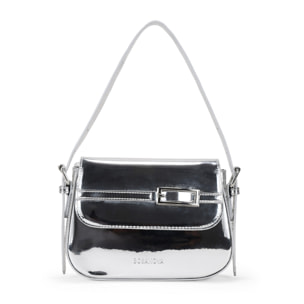 Bolso de hombro plateado con solapa y cinturón