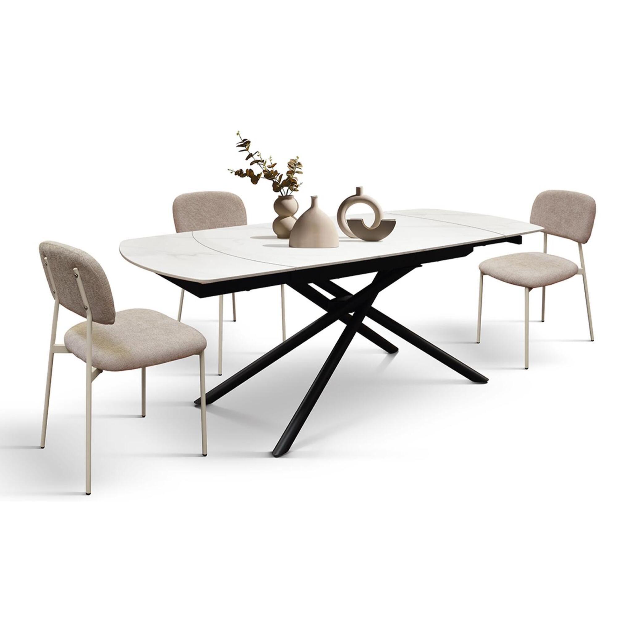 Tavolo BONIFACIO in ceramica bianco statuario e base in metallo verniciato nero, allungabile 120x88 cm - 180x88 cm