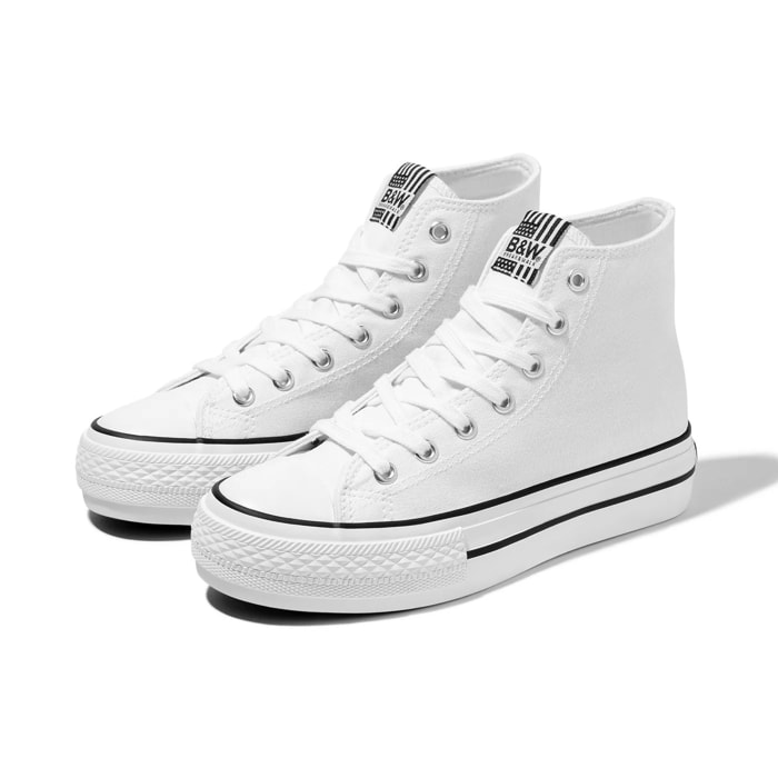 Zapatilla Alta Doble Plataforma Lona Blanco B&W