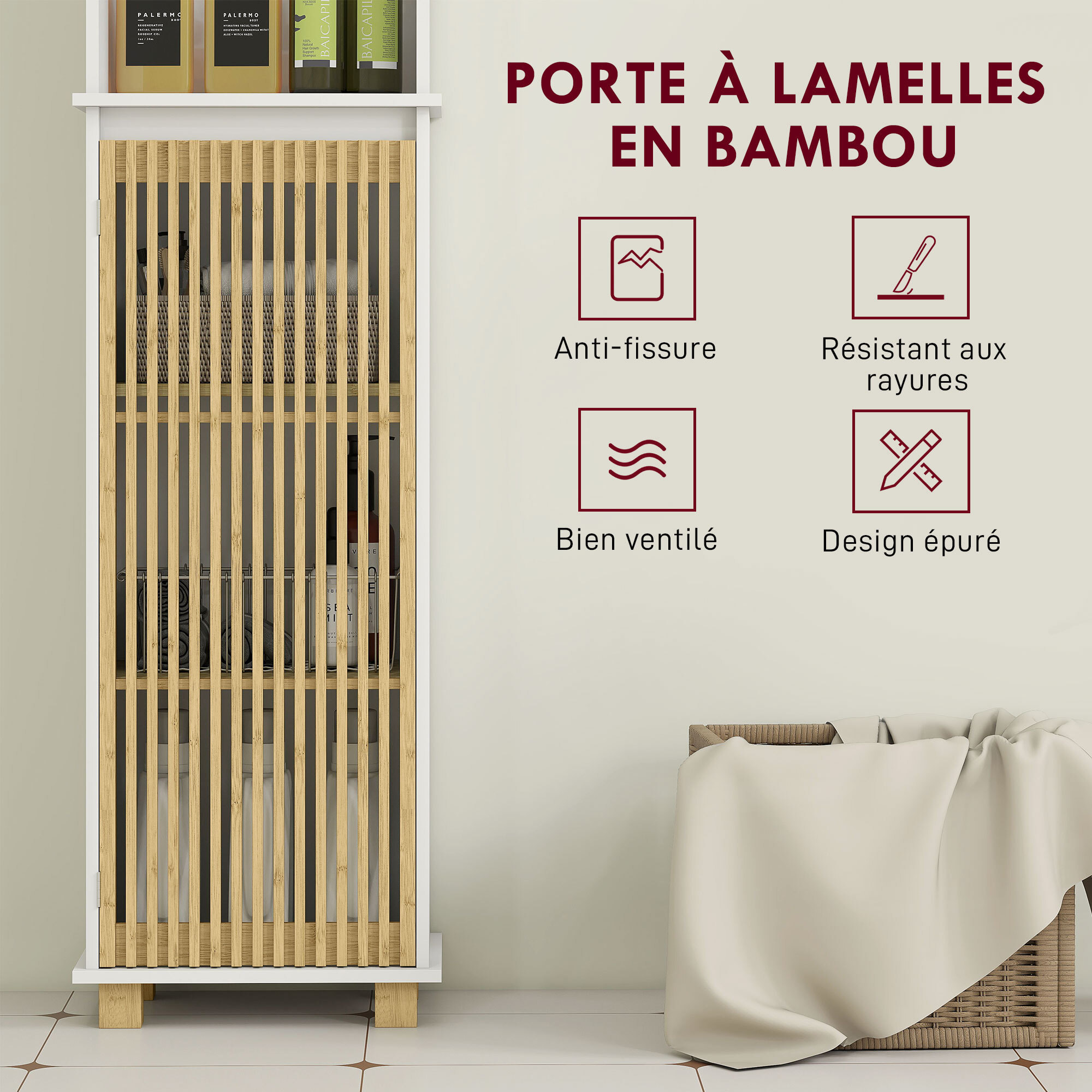 Colonne salle de bain H.173 cm - porte à lattes verticales, étagère, 3 niches - piètement bambou blanc