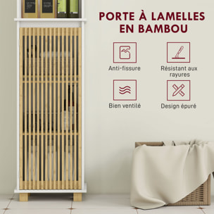 Colonne salle de bain H.173 cm - porte à lattes verticales, étagère, 3 niches - piètement bambou blanc