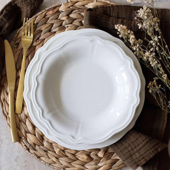 Lot de 6 assiettes creuses en grès blanc 22cm CHARLOTTE