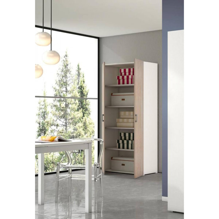 Armadio multiuso Alisso, Mobile lineare a 2 Ante battenti, Guardaroba a 4 ripiani regolabili, Scarpiera moderna, 100% Made in Italy, Cm 90x45h195, Rovere e Bianco