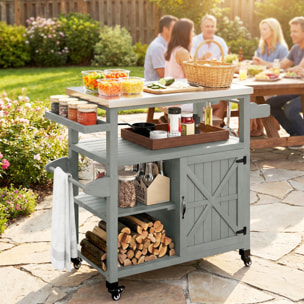 Desserte de jardin - desserte pour plancha - porte, 2 étagères, 3 niches - plateau acier inox gris