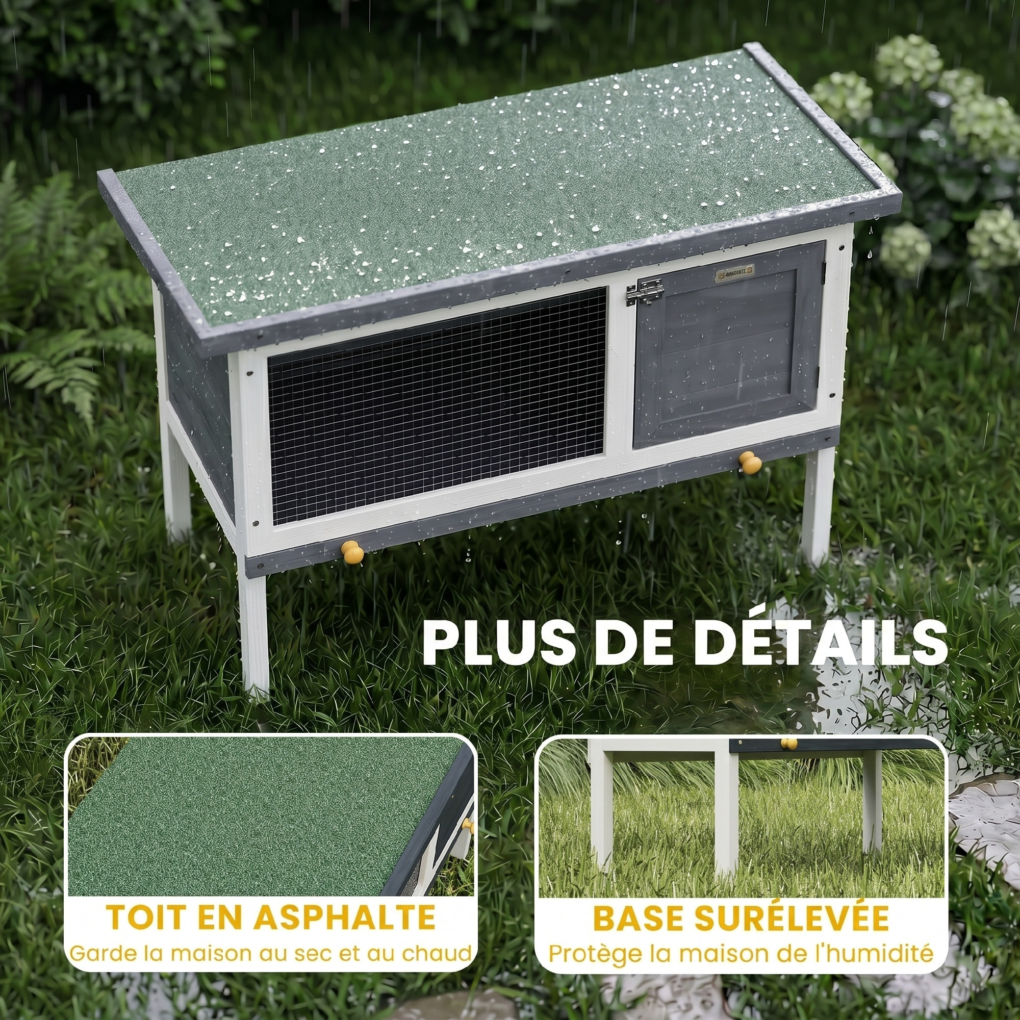 Clapier sur pied cage à lapin avec niche intérieure toit ouvrant porte verrouillable dim. 90L x 45l x 65H cm gris blanc vert