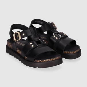 Sandalias de Piel - Negro - Tacón: Bajo