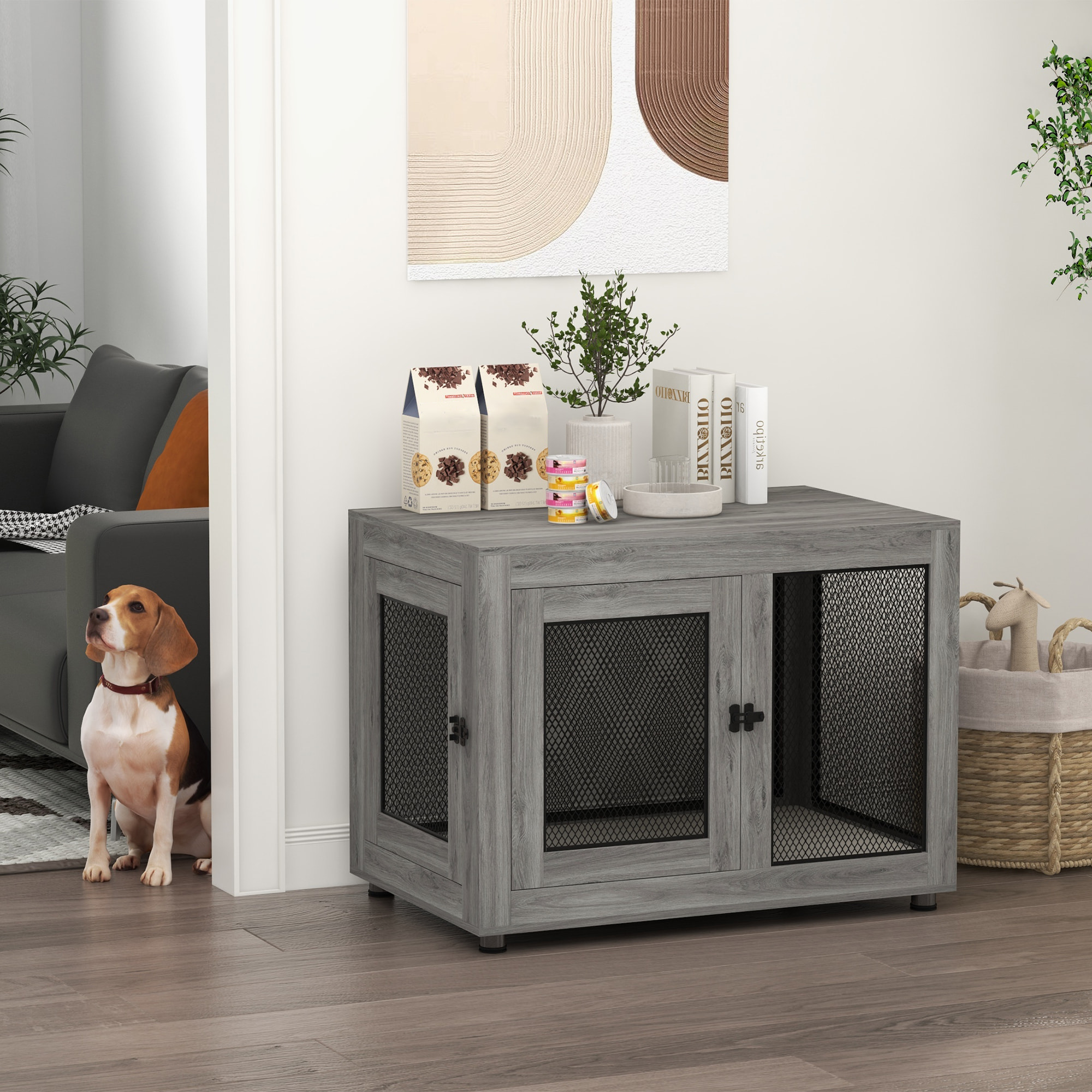 Jaula para Perros Grandes Estilo Mueble Casa para Perros 94x60x71,5 cm Mesa Auxiliar con 2 Puertas de Pestillo Cojín de Tela Oxford y Rejillas de Acero Gris