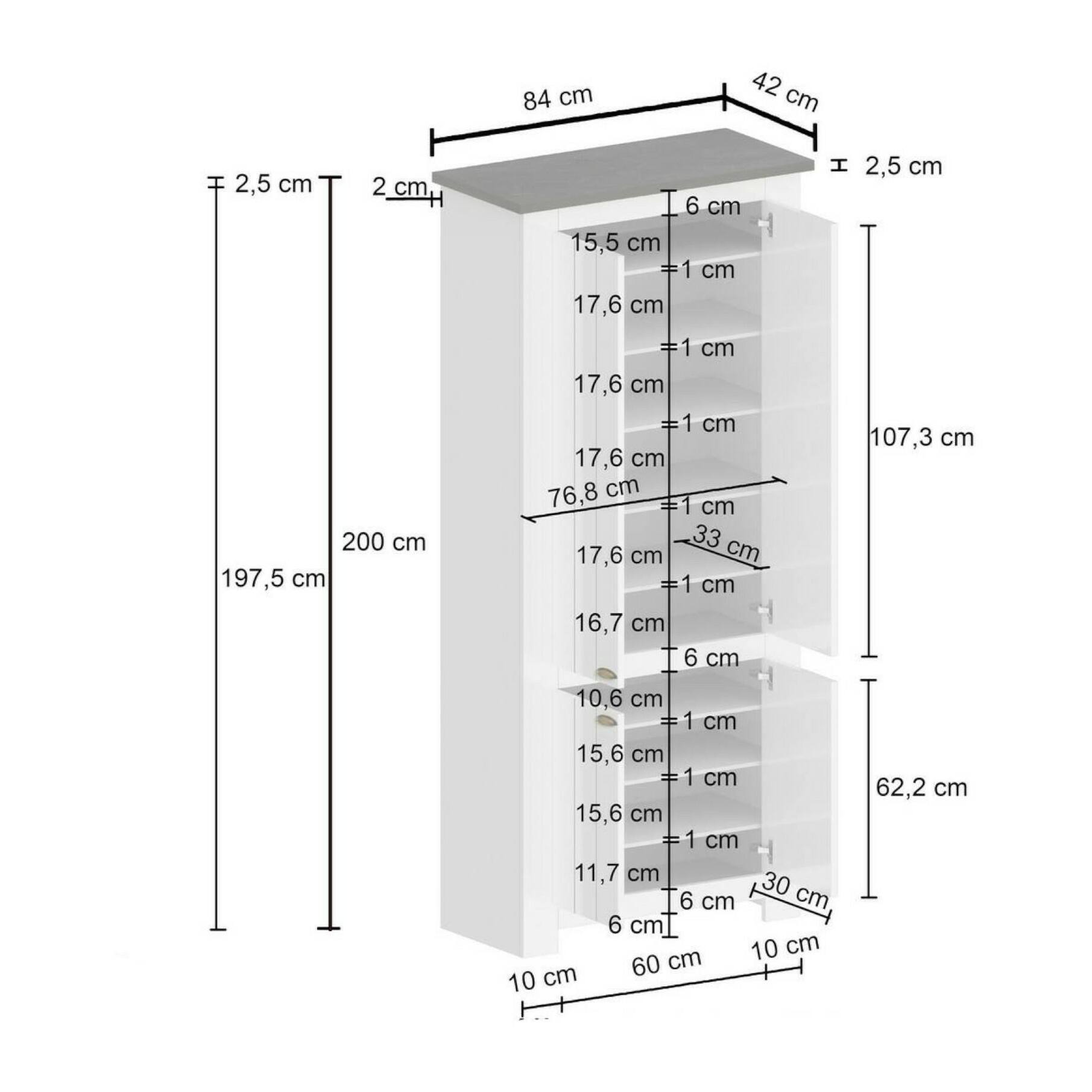 Scarpiera Dcicerell, Porta scarpe salvaspazio a 4 ante, Armadio multifunzione da ingresso, 84x42h200 cm, Bianco e Ardesia