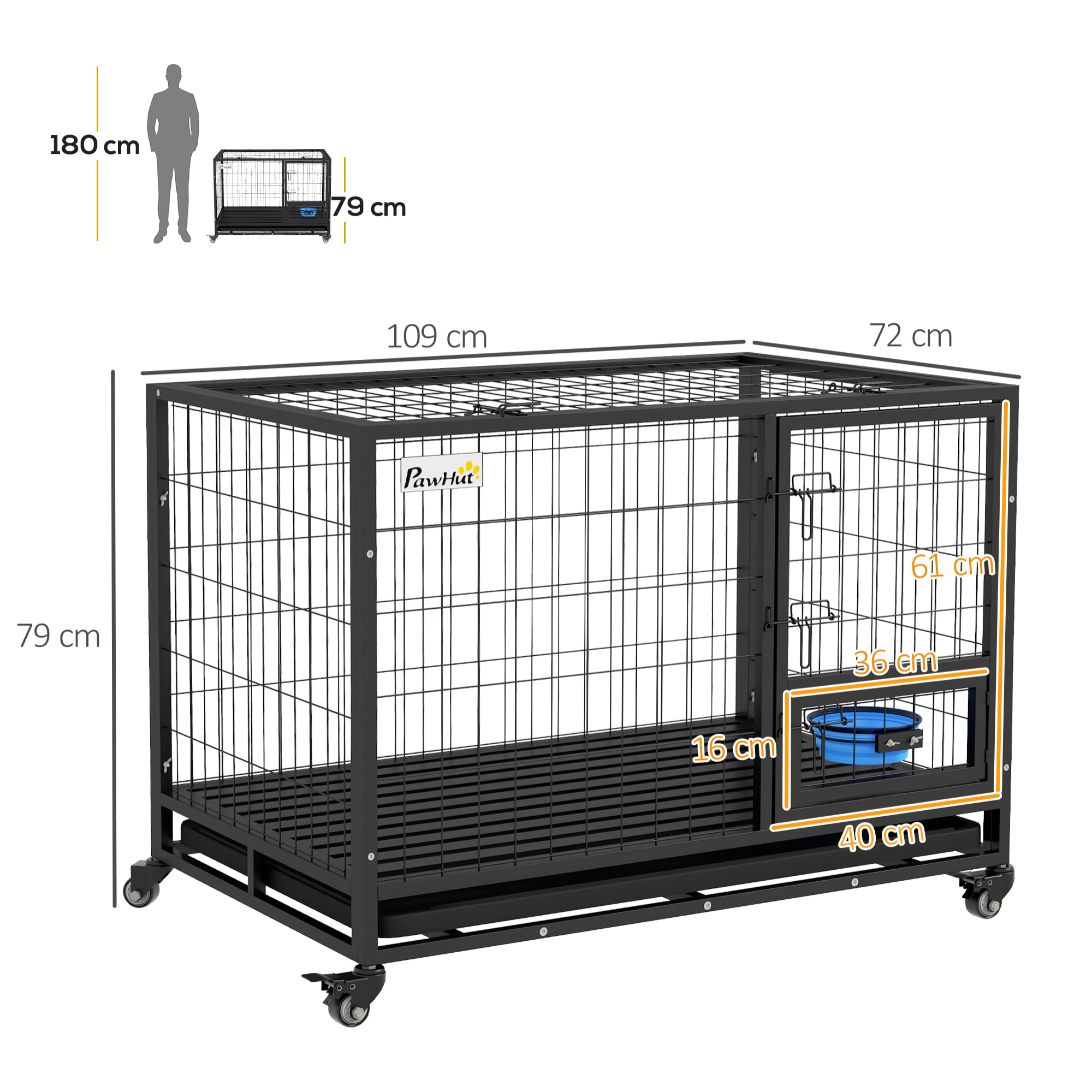 Jaula para Perros Jaula para Perros Grandes con Tapa Superior Abatible Soporte de Cuenco Bandeja Extraíble Ruedas y Puerta Doble Desmontable 109x72x79 cm Negro