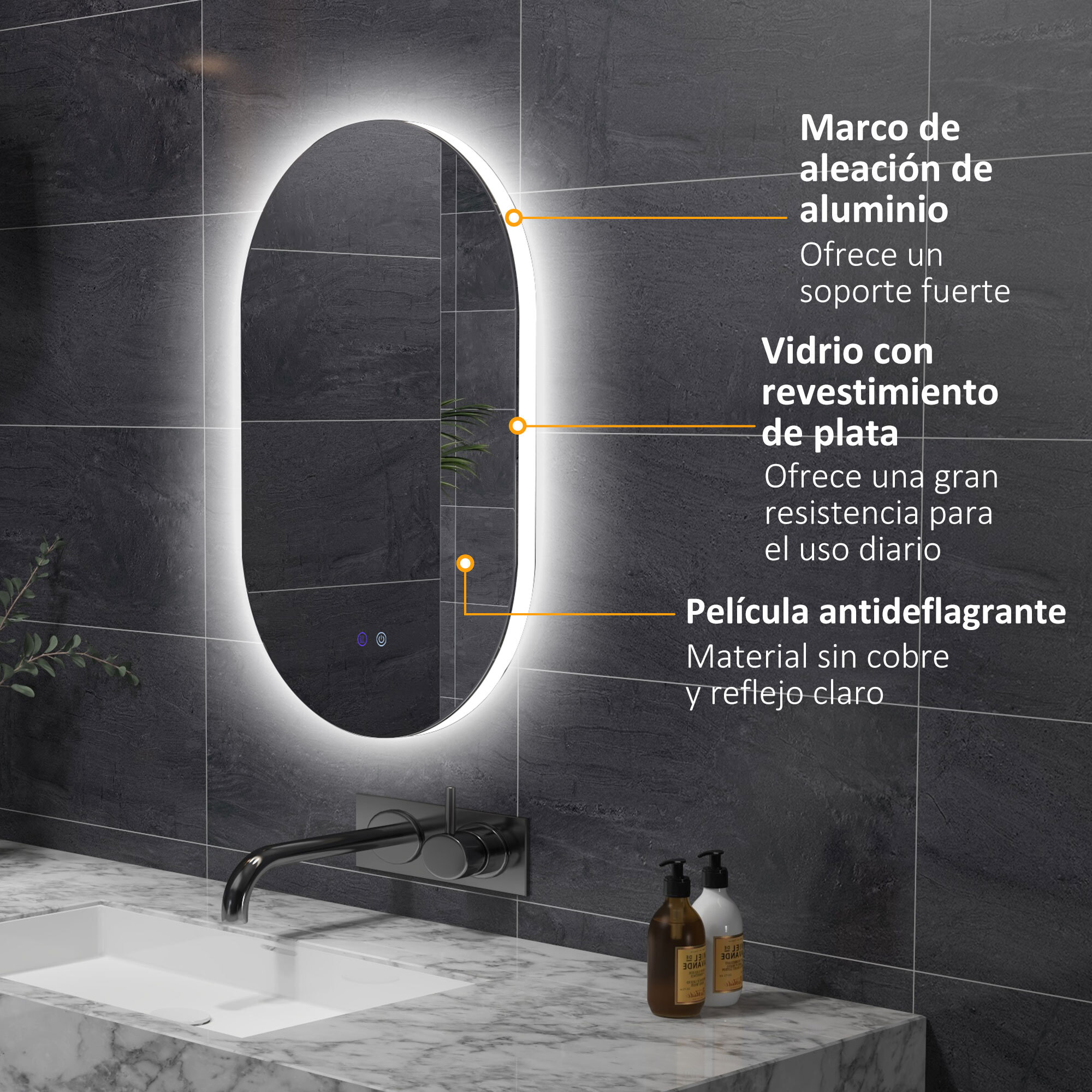 Espejo de Baño con Luces LED 81x51 cm Espejo de Pared con 3 Colores Ajustables Función Antivaho Interruptor Táctil IP44 Horizontal o Vertical Plata