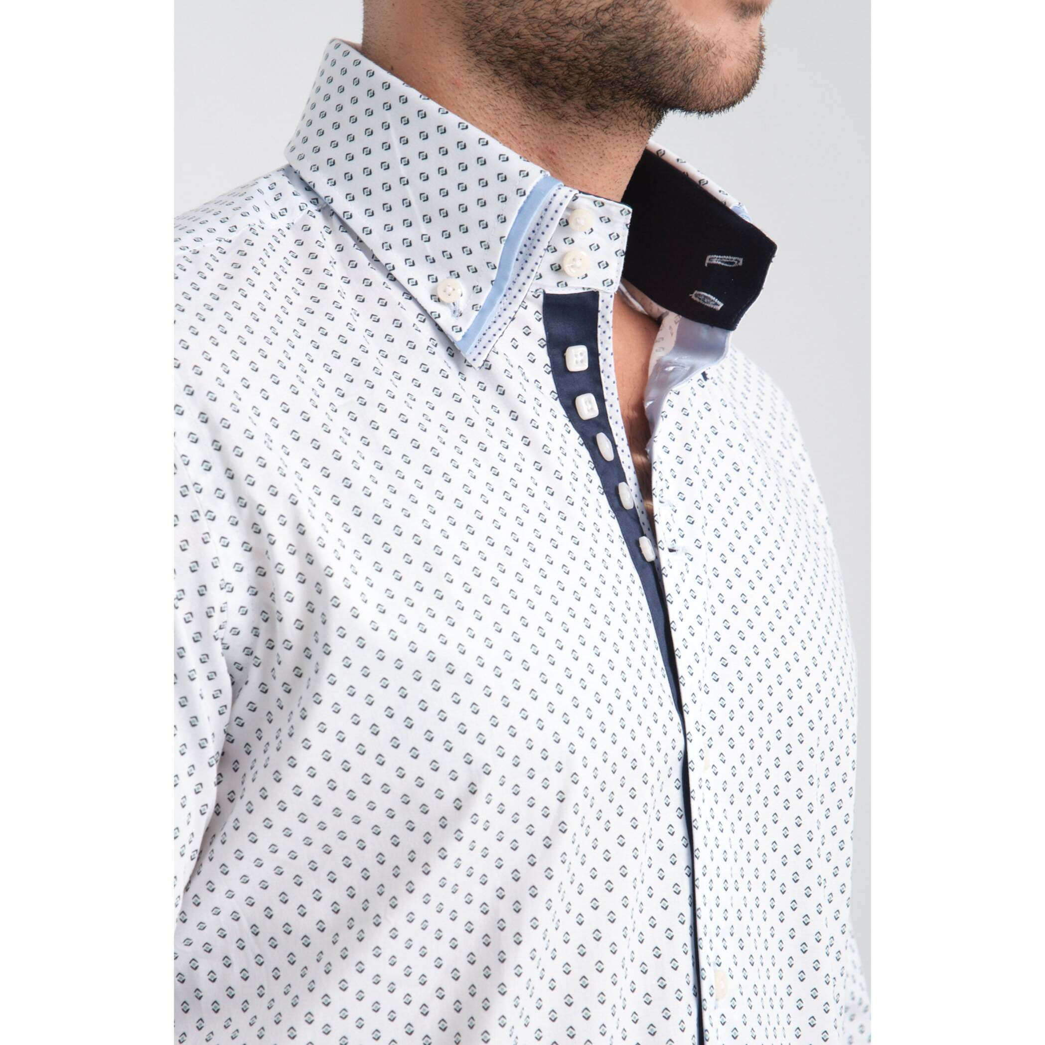 Camicia Uomo 2 Bottoni Button Down Triplo Collo Slim Popeline Stretch Stampato Bianco e Blu