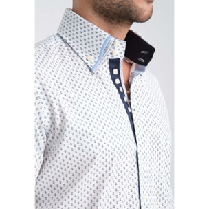 Camicia Uomo 2 Bottoni Button Down Triplo Collo Slim Popeline Stretch Stampato Bianco e Blu
