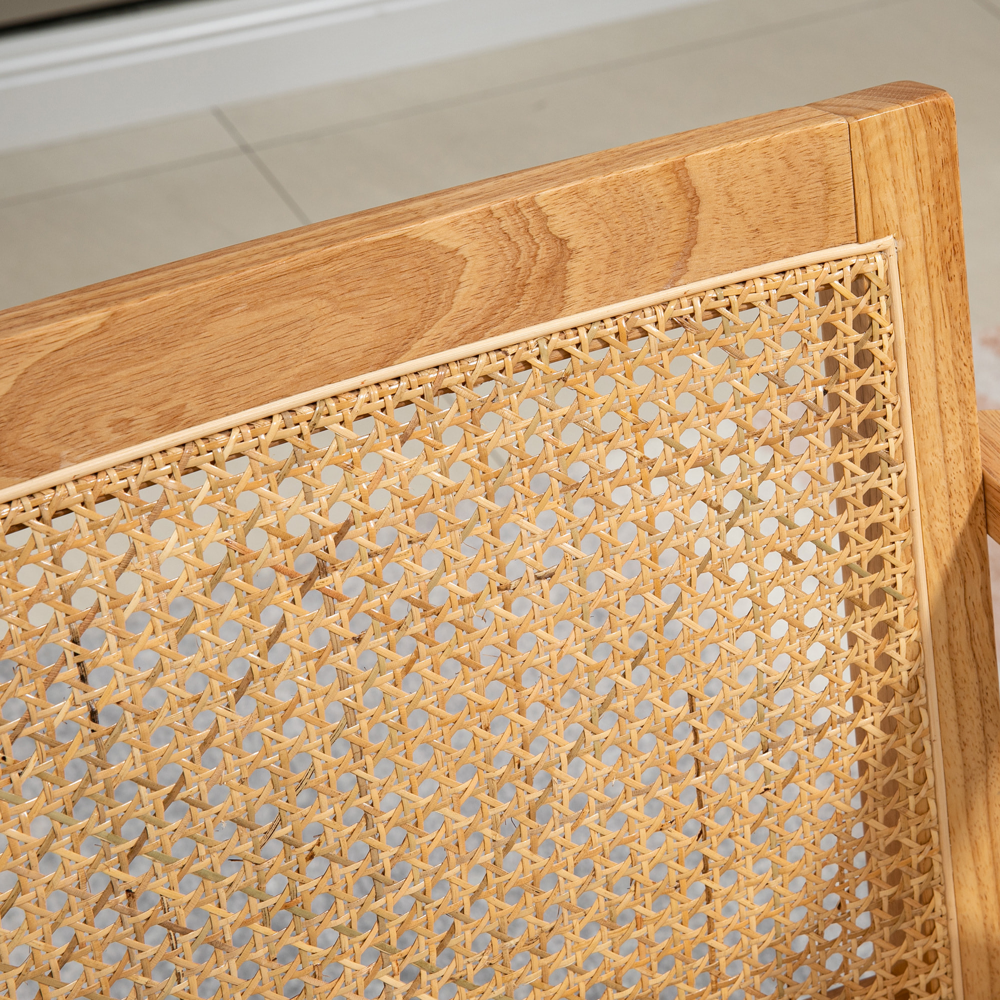 Butaca de Salón Sillón de Salón con Reposabrazos Respaldo de Ratán y Marco de Madera de Caucho Butaca para Dormitorio Sala de Estar Carga 120 kg Natural y Beige