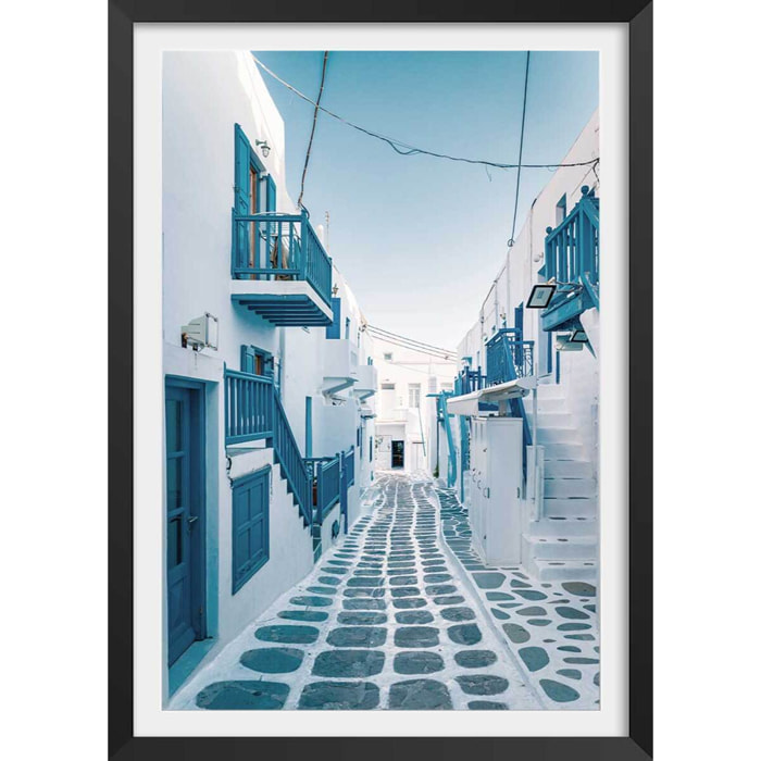Poster rue bleue santorin Affiche + cadre en bois - Noir