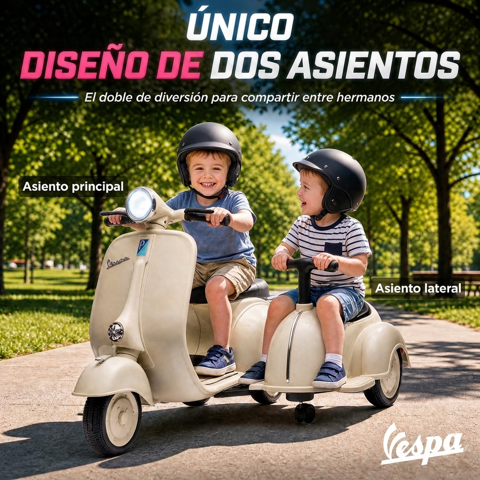 Moto Eléctrica para Niños Licencia VESPA 6V con 2 Asientos, Moto Eléctrica Infantil con Arranque Suave, Luz Delantera, Música, Bocina, USB y Almacenamiento, Regalo para Niños +3 Años, Crema