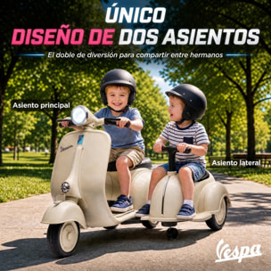 Moto Eléctrica para Niños Licencia VESPA 6V con 2 Asientos, Moto Eléctrica Infantil con Arranque Suave, Luz Delantera, Música, Bocina, USB y Almacenamiento, Regalo para Niños +3 Años, Crema