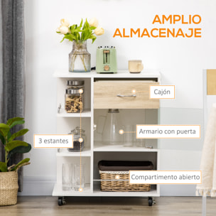 Carrito de Cocina Carrito Auxiliar con 1 Cajón Puerta de Vidrio y Estantes Abiertos Carro Auxiliar con Ruedas para Comedor Salón Baño 65x39x80 cm Natural