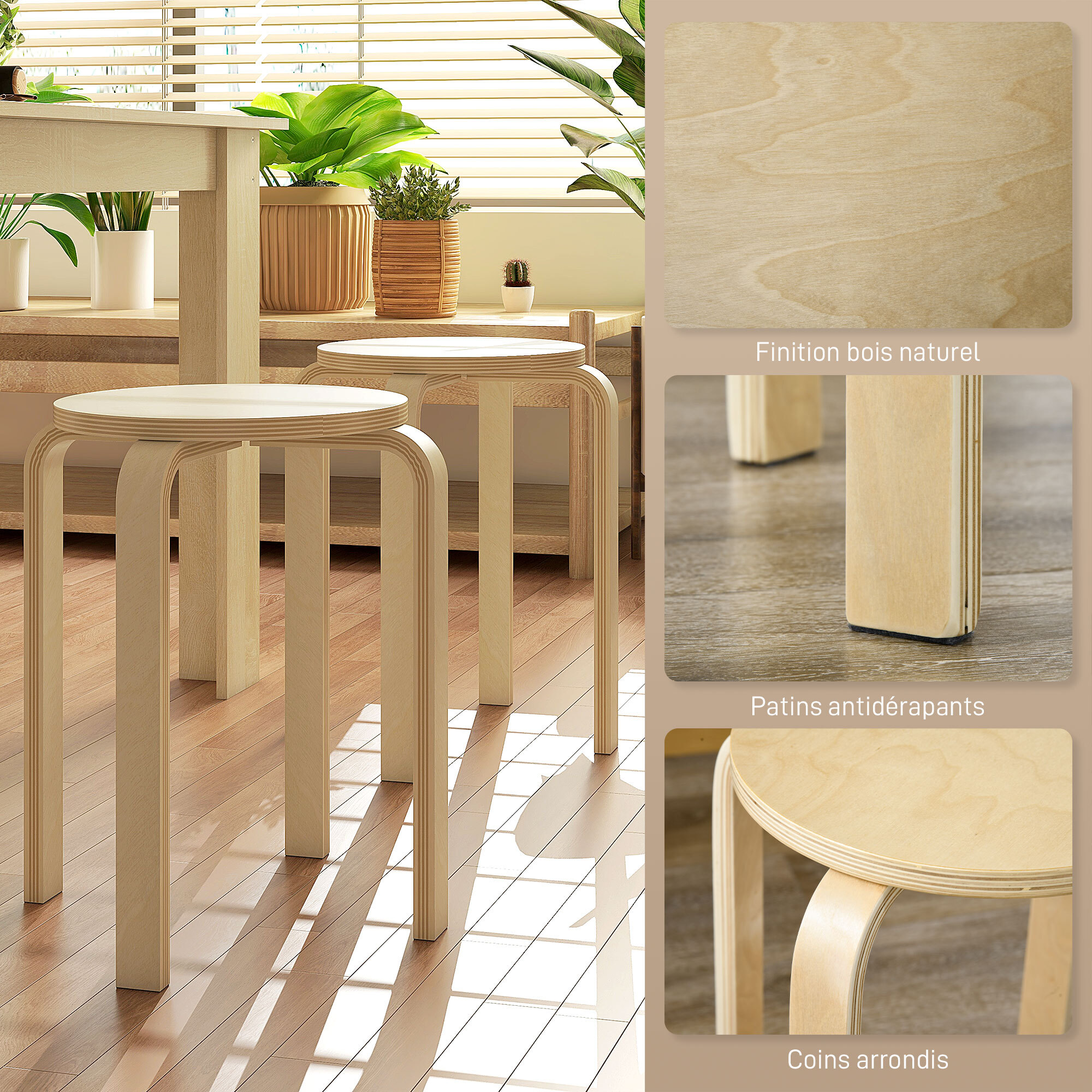 Ensemble de 4 tabourets ronds empilables style nordique - Ø 40 x 45H cm - effet bois naturel