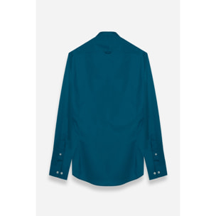 Camicia Uomo Coreano Slim Popeline Stretch Unito Verde Ottanio