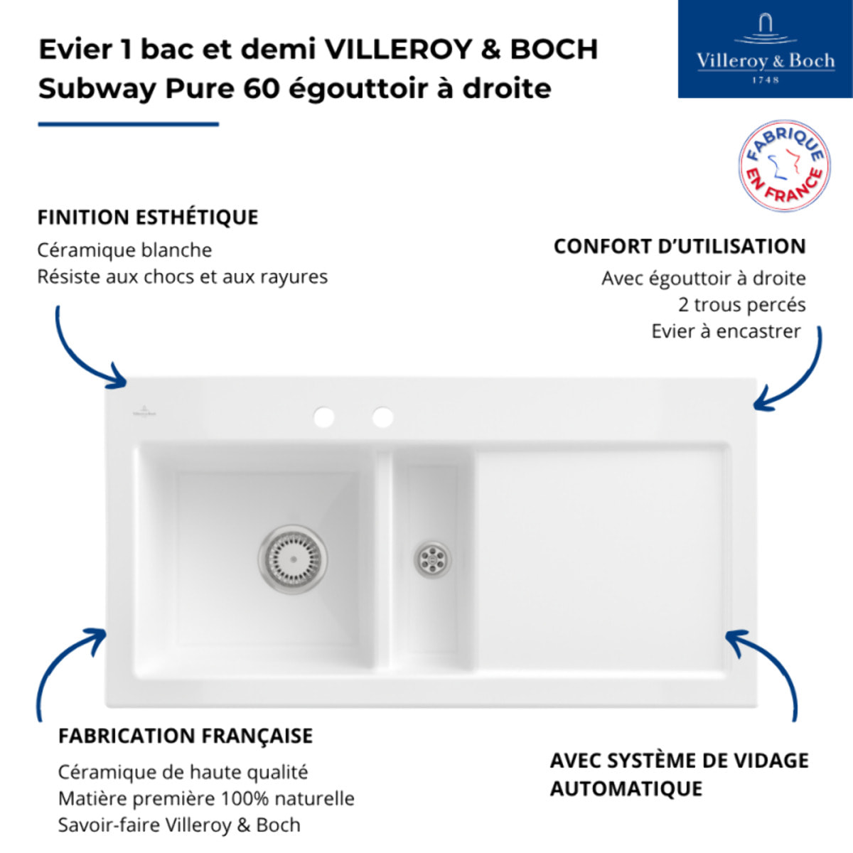 Evier 1 bac et demi avec egouttoir a droite Subway Pure 60 100 x 51 cm Blanc sans vidage