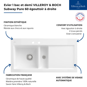 Evier 1 bac et demi avec egouttoir a droite Subway Pure 60 100 x 51 cm Blanc sans vidage