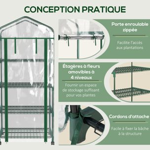 Serre de jardin balcon sur roulettes 4 étagères dim. 0,69L x 0,5l x 1,65H m acier thermolaqué bâche PVC porte zippée transparente