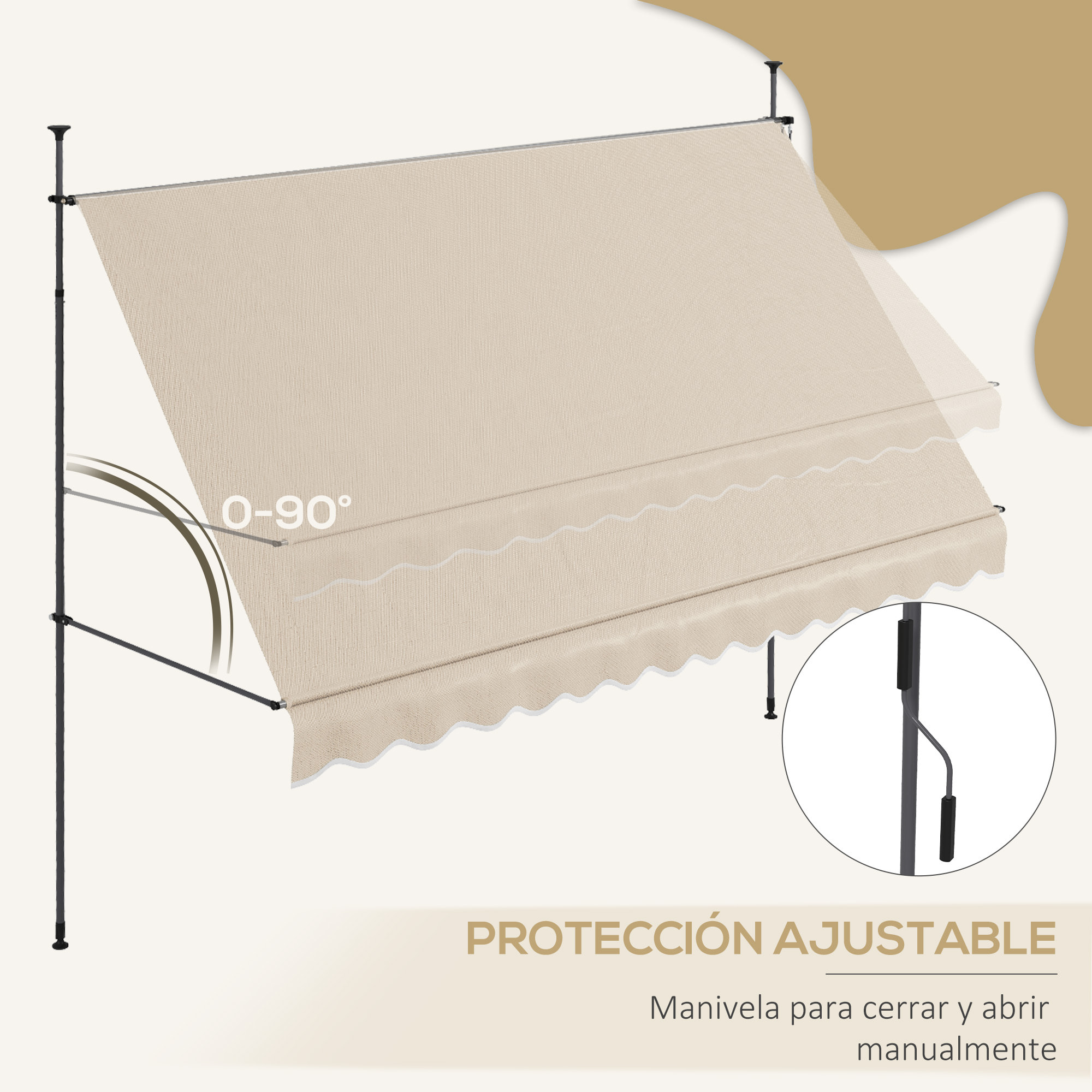 Toldo Manual Retráctil 3,5x1,2 m Toldo Exterior Terraza Enrollable Altura Ajustable con Manivela 210-300 cm Sin Taladro Protección UV30+ para Balcón Jardín Arena