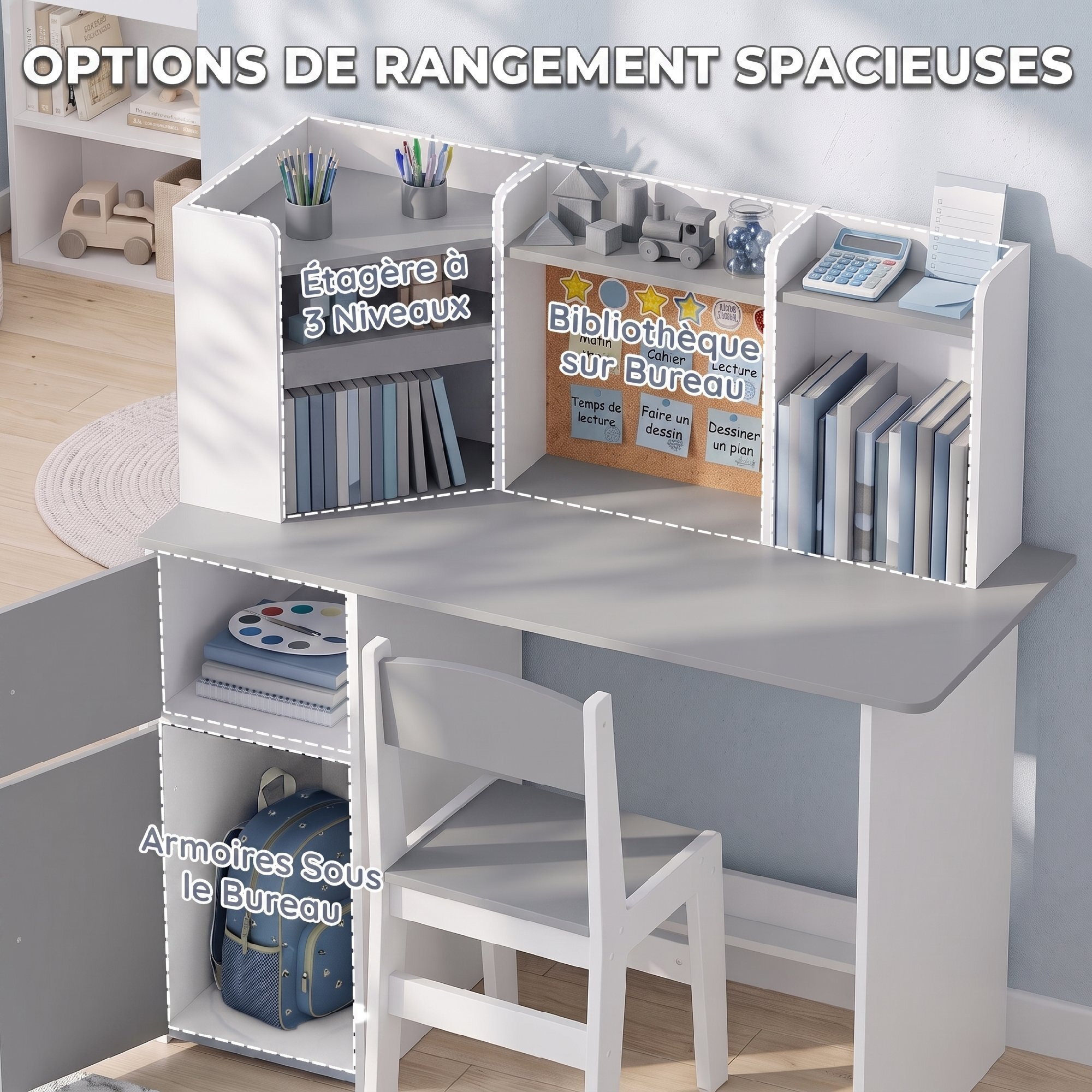 Bureau enfant chaise design multi-rangement avec panneau en liège blanc gris