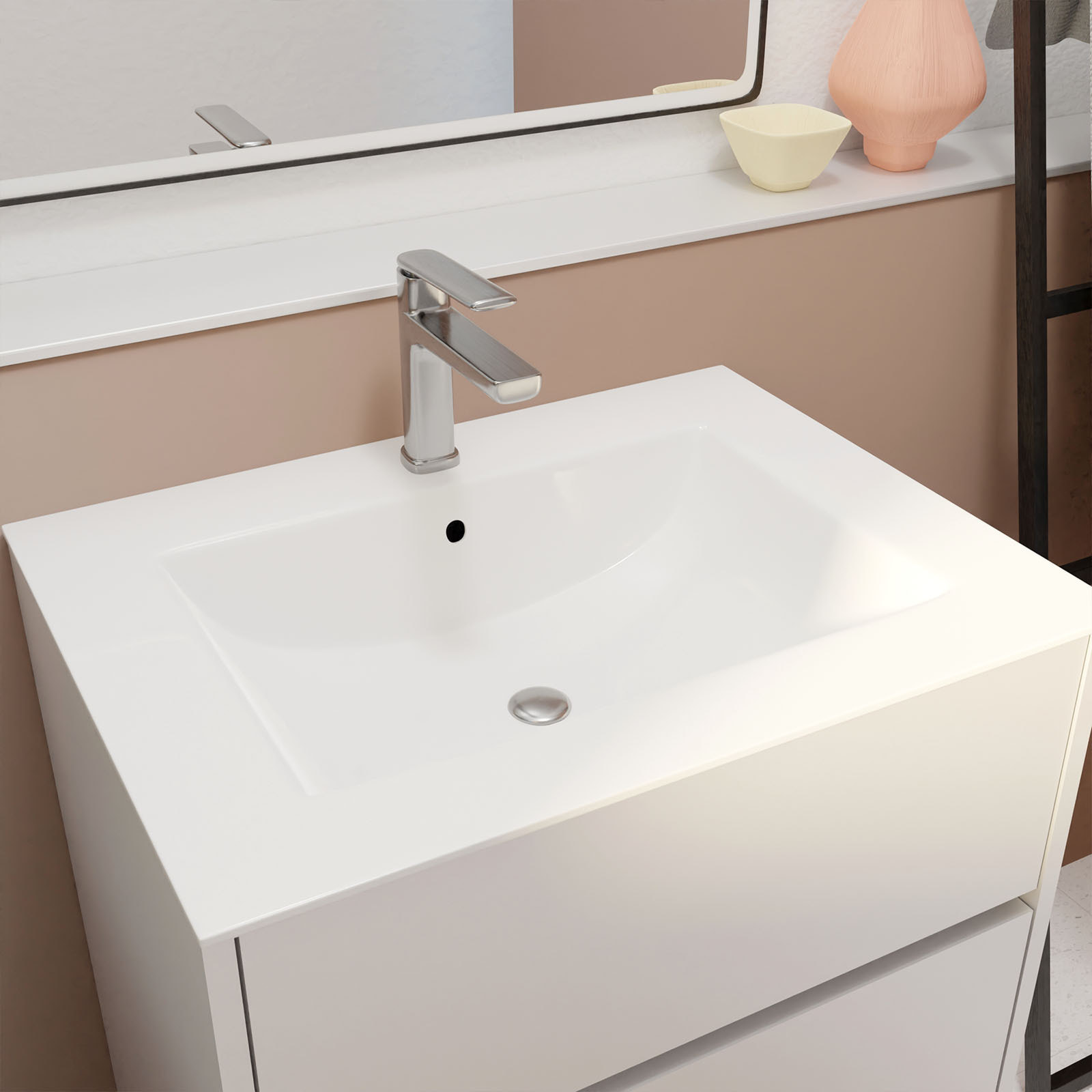 Pack Meuble Salle de Bains 60 cm Laqué Blanc, 3 tiroirs avec Vasque Céramique - XENOS