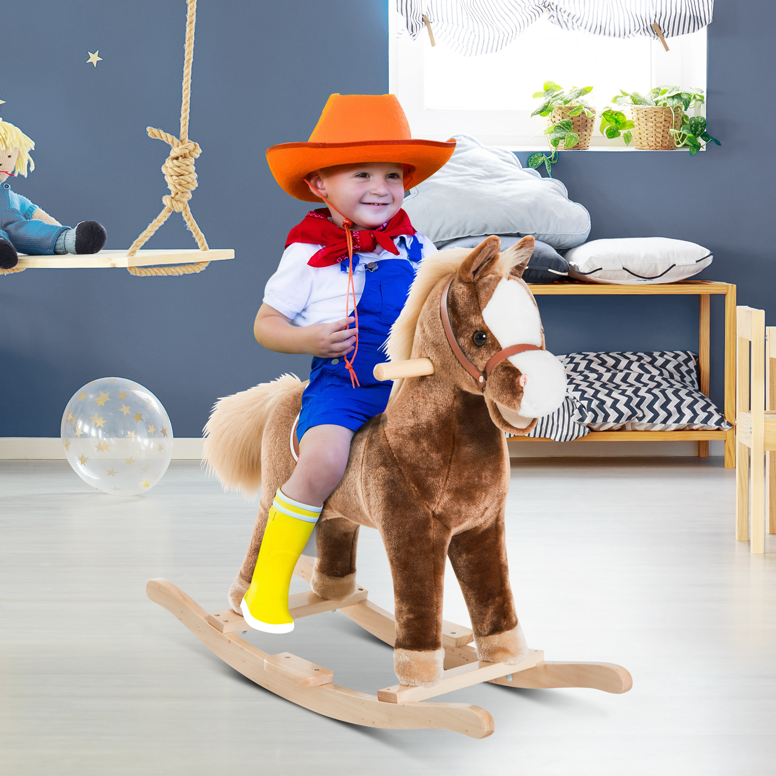Caballo Balancín para Niños de +3 Años Caballo de Juguete con Asas Marco de Metal y Base de Madera Carga 40 kg 74x33x62 cm Marrón