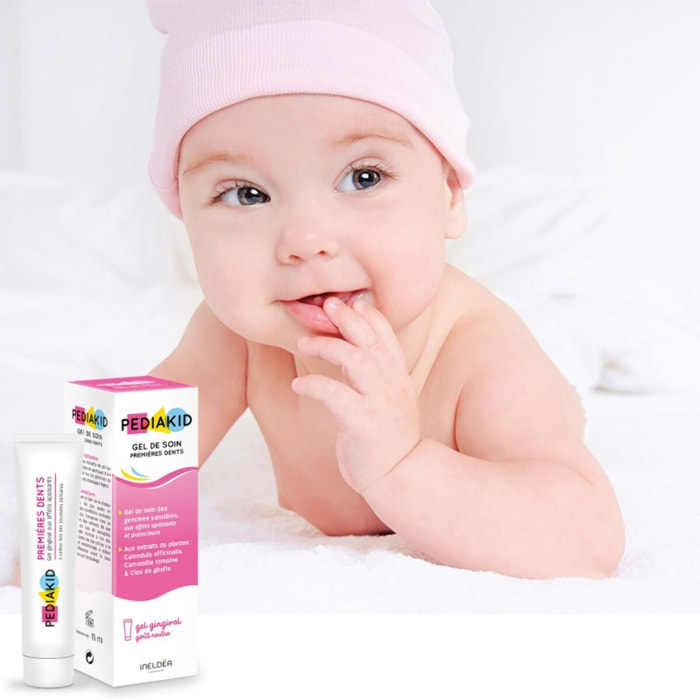 PEDIAKID - Gel de soin premières dents - Apaisant et protecteur naturel pour gencives - Gomme d'Acacia, Camomille, Calendula, Clou de Girofle - Goût Neutre - Dès la naissance - 15 ml