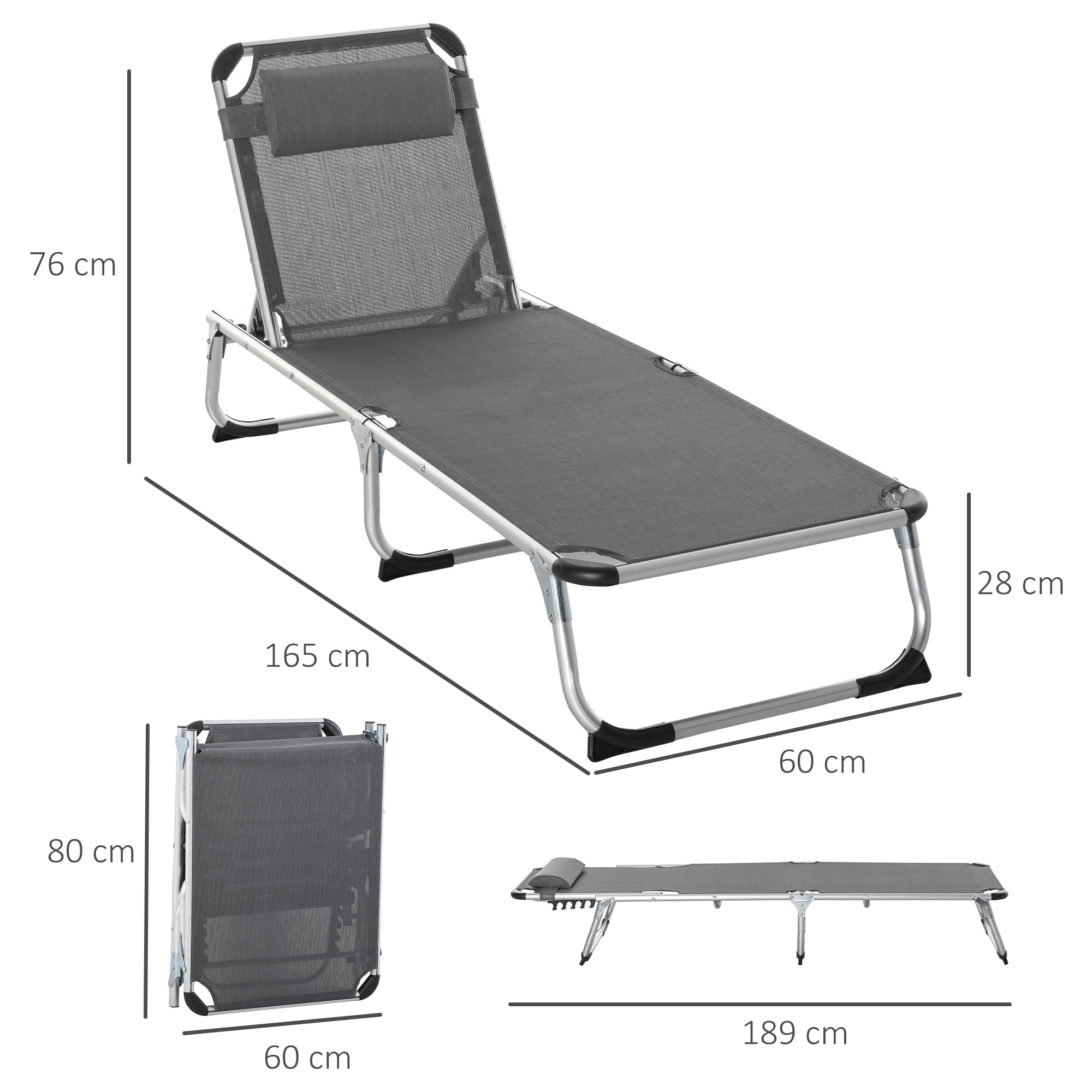 Tumbona Plegable Reclinable de Aluminio con Reposacabezas Extraá­ble y Respaldo Transpirable Ajustable en 4 Posiciones para Jardín Terraza Camping Exterior 165x60x76 cm Gris