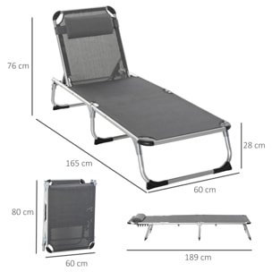 Tumbona Plegable Reclinable de Aluminio con Reposacabezas Extraá­ble y Respaldo Transpirable Ajustable en 4 Posiciones para Jardín Terraza Camping Exterior 165x60x76 cm Gris