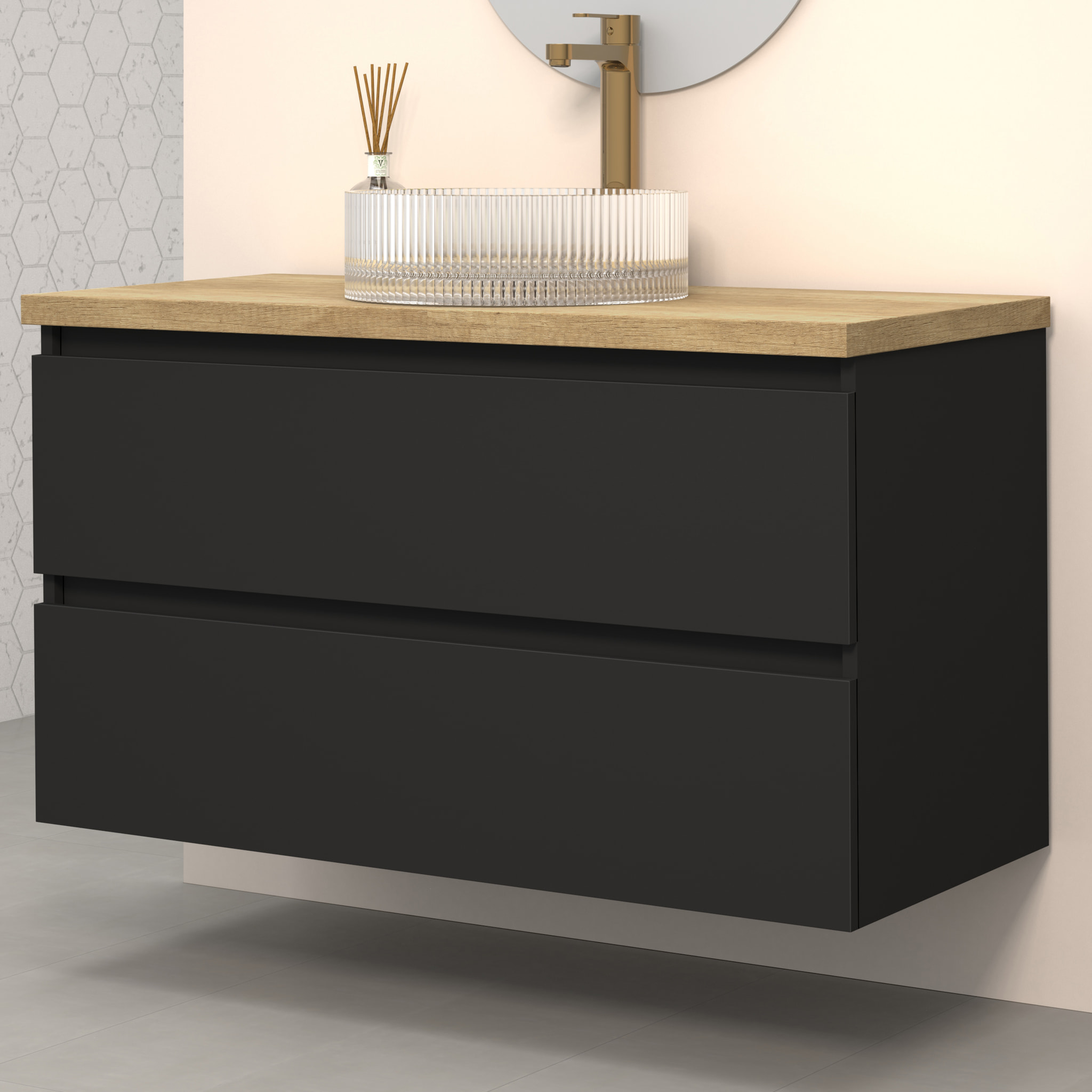 Conjunto de Baño Kub | 100 cm Negro | Dos Cajones | Lavabo de Cristal | No incluye Espejo | Mueble Montado | Alday