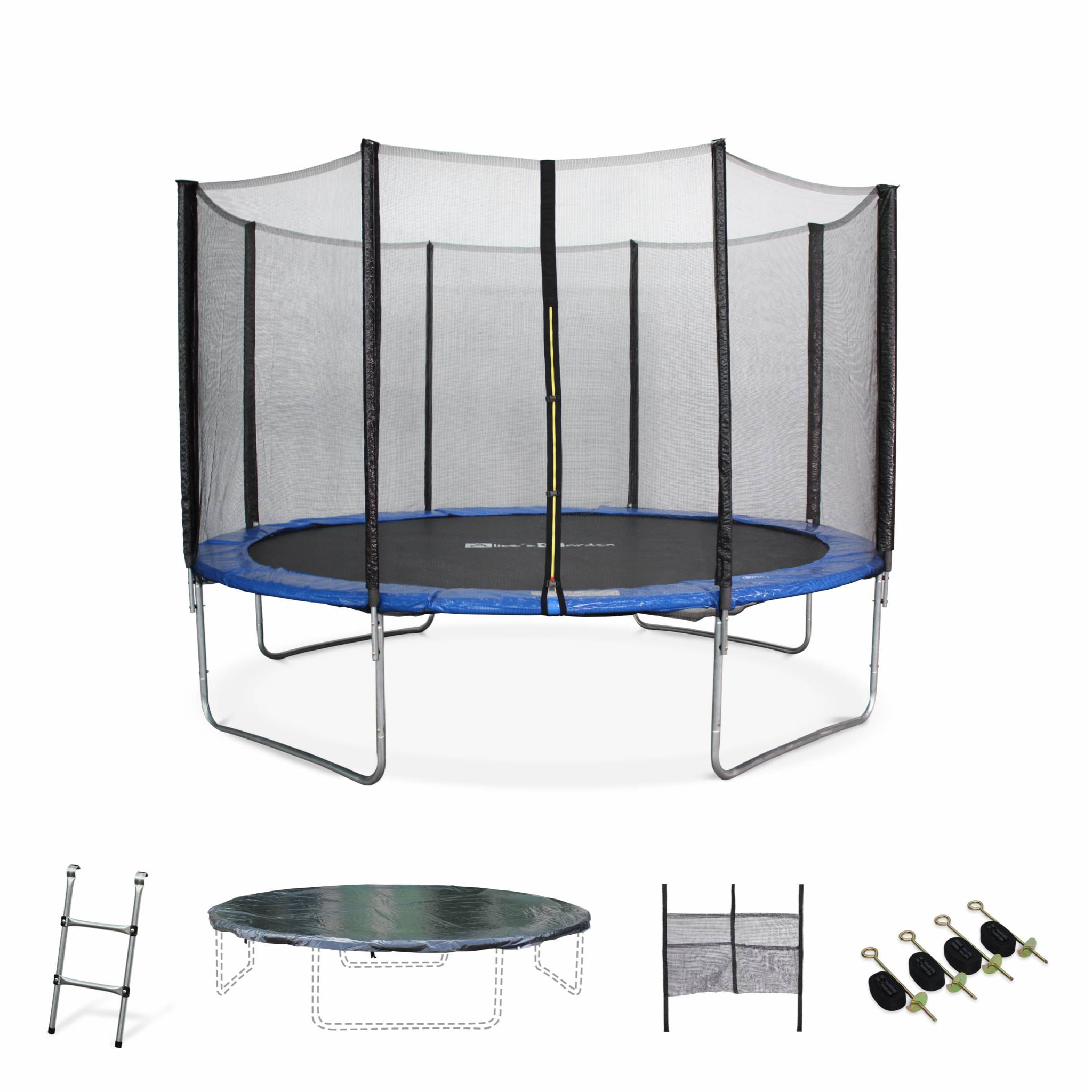 Trampoline 370cm - Saturne XXL Bleu - avec filet de protection. échelle. bâche. filet pour chaussures. kit d'ancrage. trampoline de jardin 370 cm |Qualité PRO |Normes EU