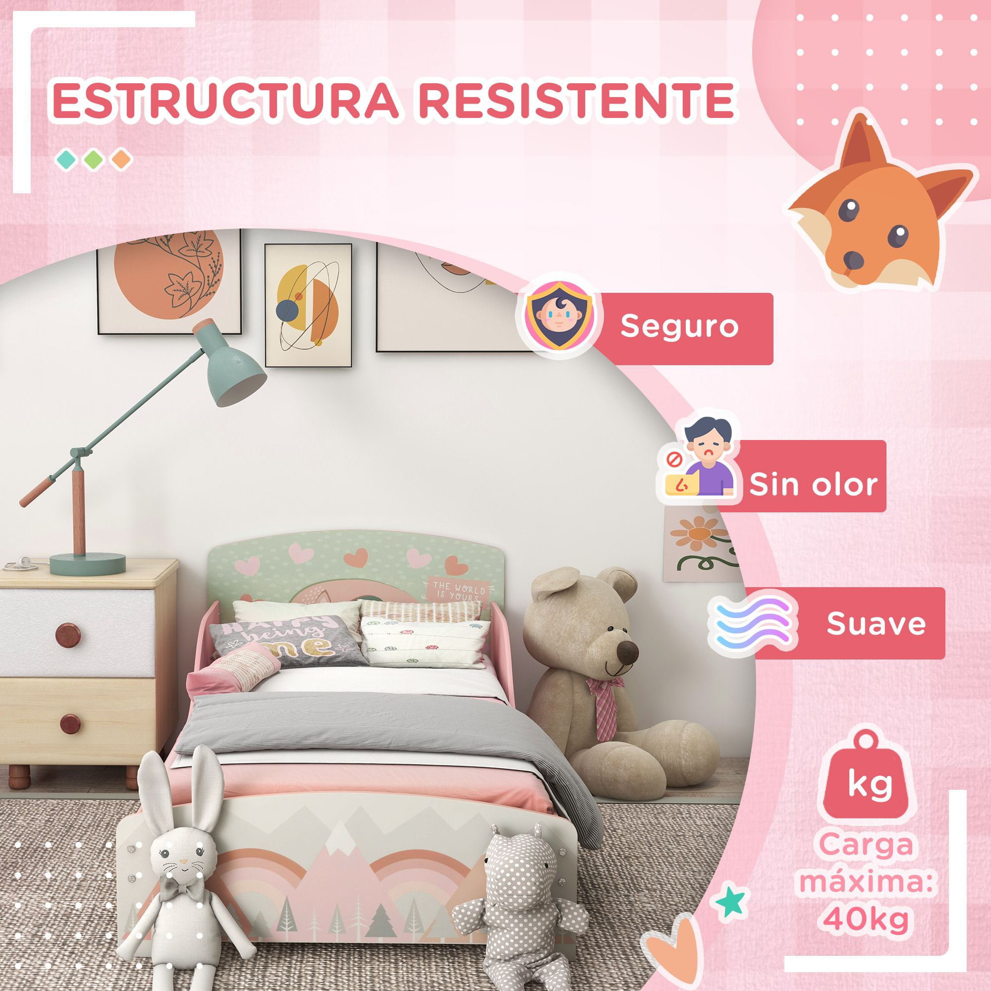 Conjunto para Niños Incluye 1 Cama Infantil de Madera con Barreras de Protección y 1 Estantería para Juguetes con 6 Cajas de Tela no Tejida Extraíbles Rosa